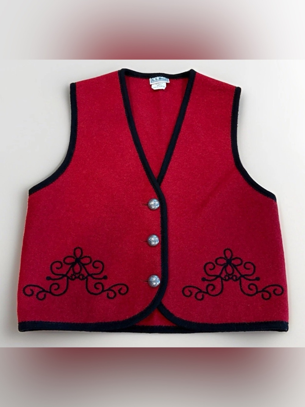 Vintage L.L. Bean 100% Wool Vest Women's Small Red Christmas 80s Embroidered